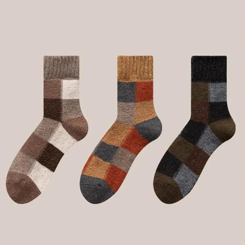 Three Pairs of Winter Men's Wool Socks Plus Velvet Thick Terry Snow Socks Fashion Stitching Multicolor Tube Socks