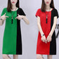 Mid-length Dress Loose and Thin, Covering The Meat Casual Dress Women's Round Neck Short Sleeve Stitching Color Dress Loose and Comfortable