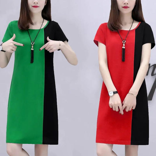 Mid-length Dress Loose and Thin, Covering The Meat Casual Dress Women's Round Neck Short Sleeve Stitching Color Dress Loose and Comfortable