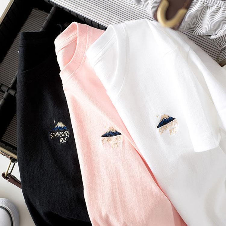 Pure Color Volcanic Embroidery Cotton Women's Summer Round Collar  Tees Breathable Half-sleeved Harajuku All-match Cartoons Style T Shirt Tops