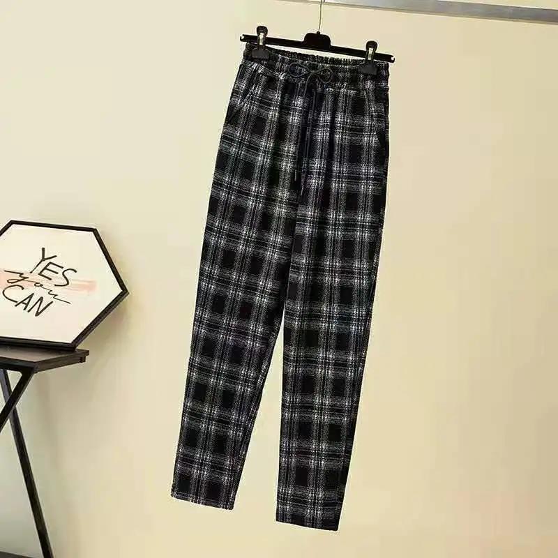 Plus Size Women's Winter Plus Velvet Thickening High Waist Warm Plaid Pattern Loose Slimming Casual Pants Fashion Harem Pants