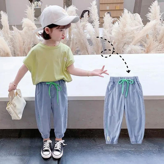 Girls and Boys Spring and Autumn Jeans Thin Casual Pants Solid Color Loose Anti-mosquito Pants Beam Pants