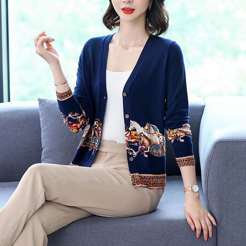Autumn/Winter Women's Knitted Sweater V-neck Printed Jacket Short XL Cardigan Wool Sweater Jacket