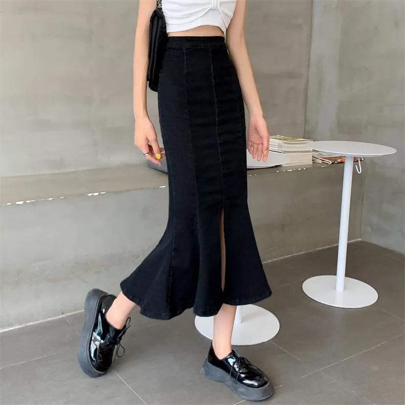 Fishtail Jeans Skirt Women's Summer Niche Slit A-line Skirt Ruffled Denim Midi Skirt High Waist Sexy Tight Denim Jeans Skirt