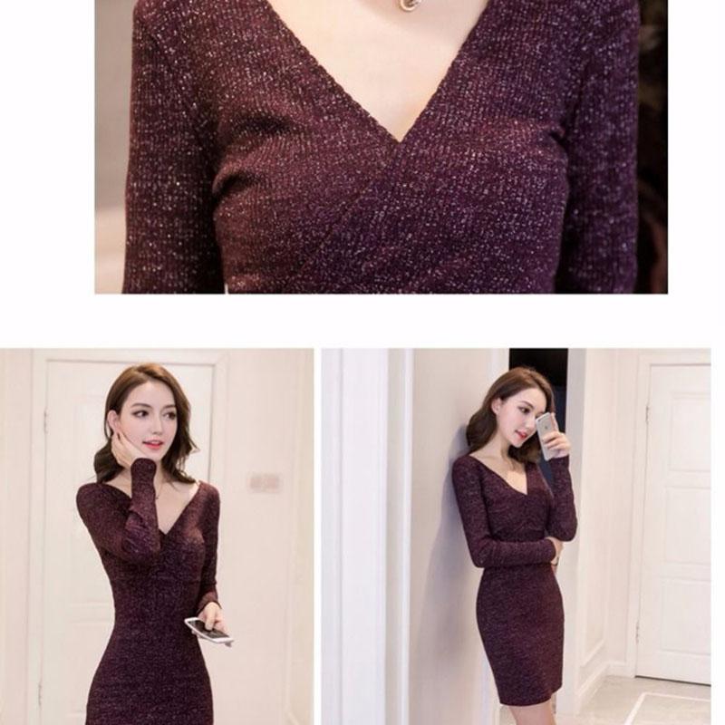 Autumn and Winter Knitted Dress Women V-neck Sexy Wrap Sweater Dress Shiny Bodycon Dress