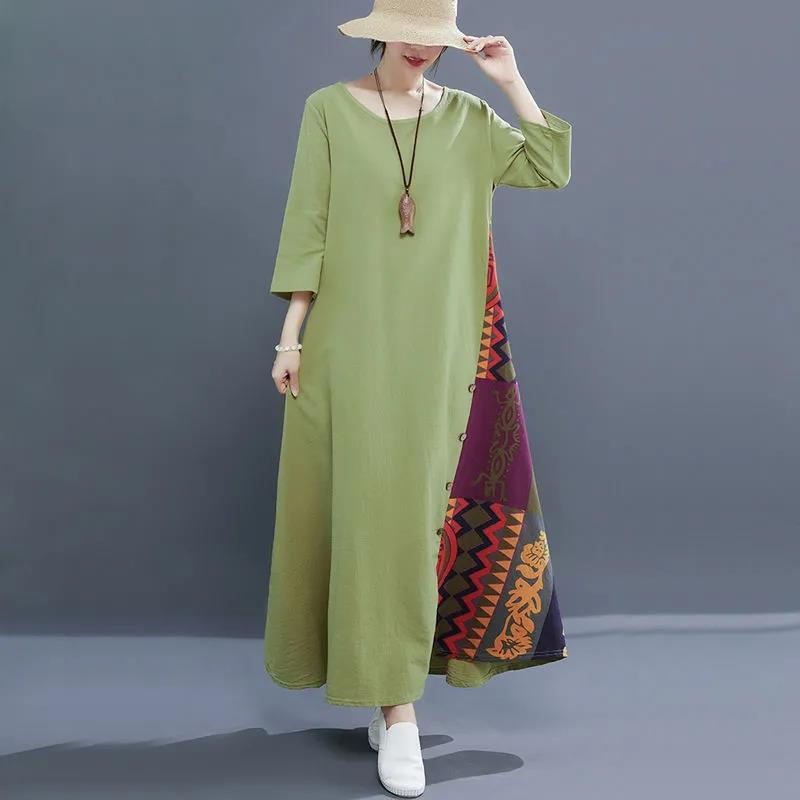 Retro Women 3/4 Sleeve Long Solid Dress Vintage Casual O Neck Swing Dresses Robes Maxi Dress Plus Size