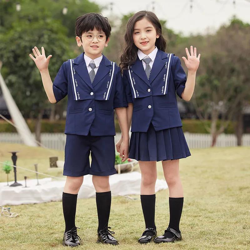 Kids Girls British Style School Uniform Student Uniforms Suit Long Sleeve Coat with Shirt Tie Mini Skirt Set Child Anime Costume