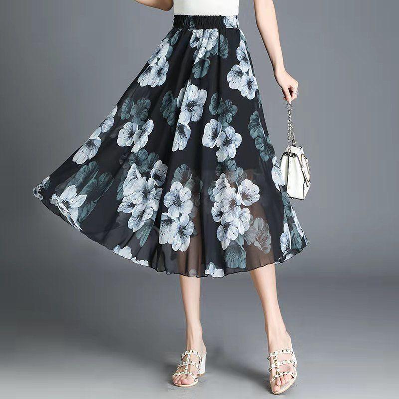 Women's Summer High Waist  Pleated Floral Skirt  Mid-length A-line Draping Chiffon Fairy Dress Beach Vacation Daily