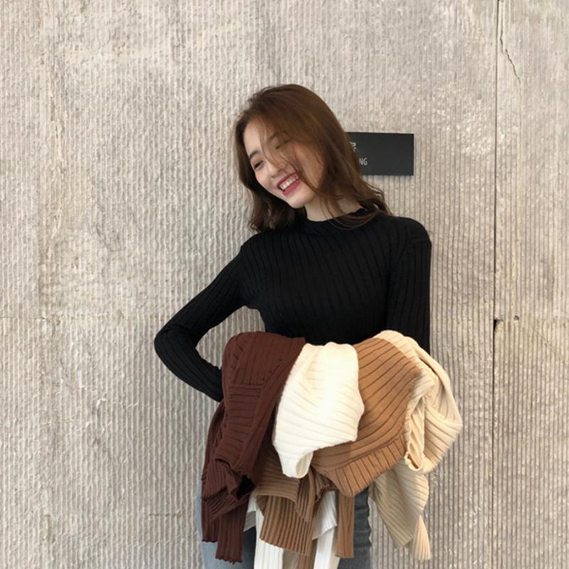 Pofulove Shirt with Irregular Sweater Women's Fashion Slim Long-sleeved Women  Knitted Bottoming