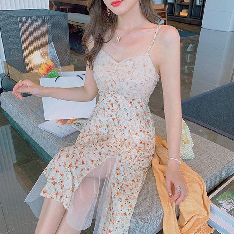 Floral Sling Dress Female Spring Summer Casual V-neck Sleeveless Mid-length Casual  Comfortable