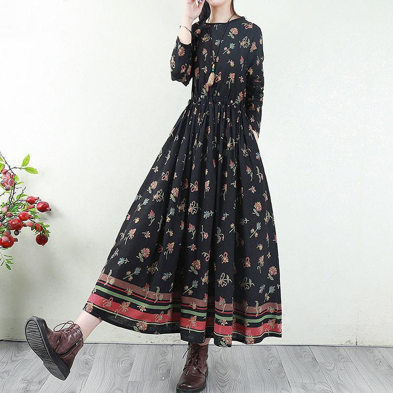 Hua Funi Retro Big Swing Cotton and Linen Women's Dress Spring Super Long Print Waist Temperament Long Skirt Loose Ethnic Style Dress