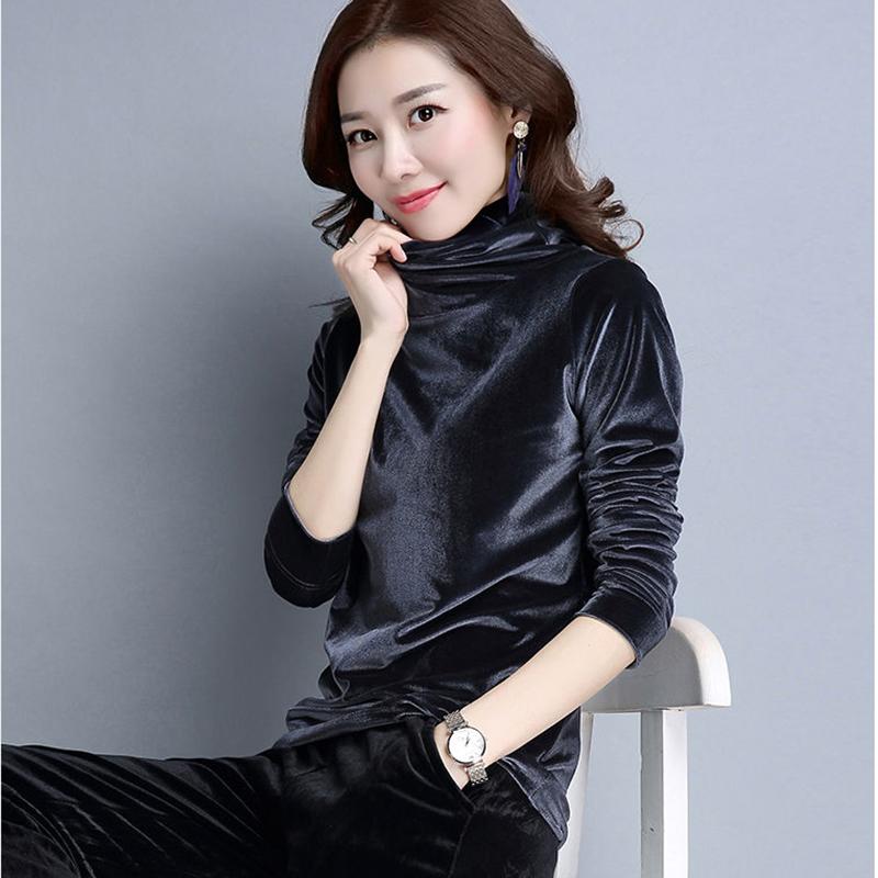 Autumn and Winter High-neck Women's Bottoming Shirt Fashion Gold Velvet Sweater with Long Sleeves Loose Blouse