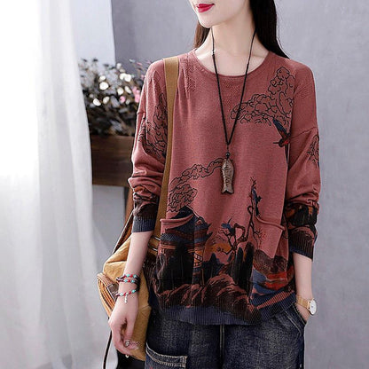 Vintage  Literary Print Long-sleeved Sweater Women Fall/winter Oversized Knit Sweater Outwear  Pullover Jumper Top with Pocket