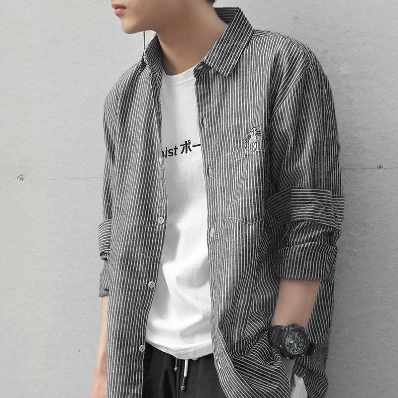 Spring and Autumn Loose Men's Long-sleeved Striped Thin Shirt