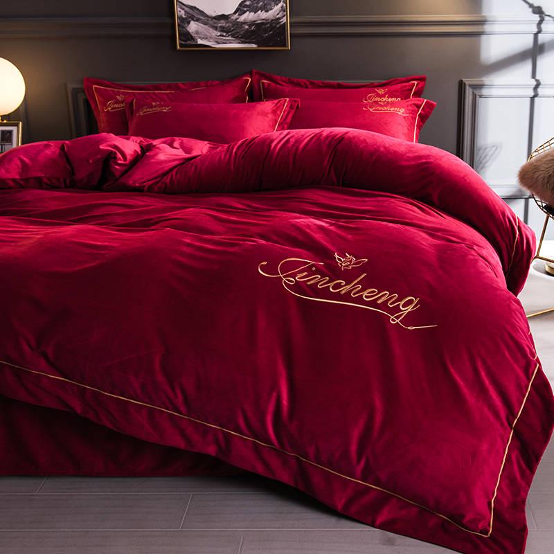 4pcs Bedding Set Winter Cotton Solid Color Plush Fleece Bed Sheet Quilt Cover Pillowcase Set