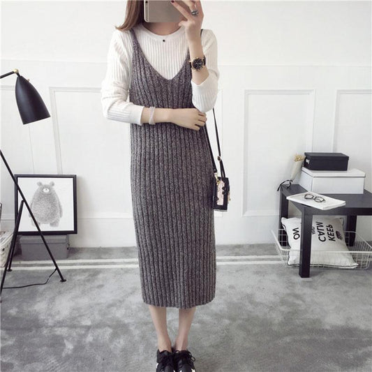 Autumn and Winter Long Sweater Dress Fashion Knitted Suspender Dress Casual Simple Female Suspender Dress