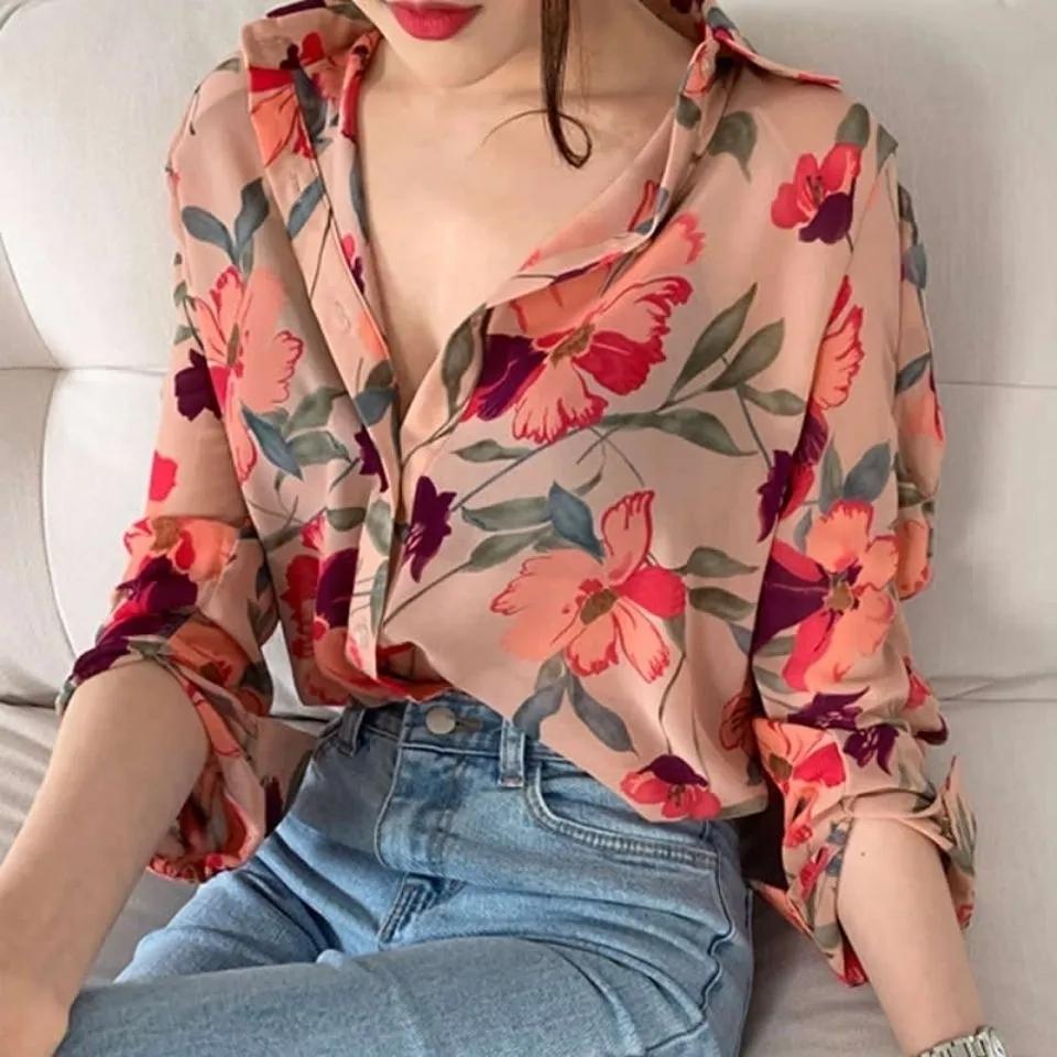 Floral Thin Chiffon Shirt Women Niche Western-style Tops Long Sleeve Shirts Cardigans Jacket Sunscreen Clothing All-match Blouse
