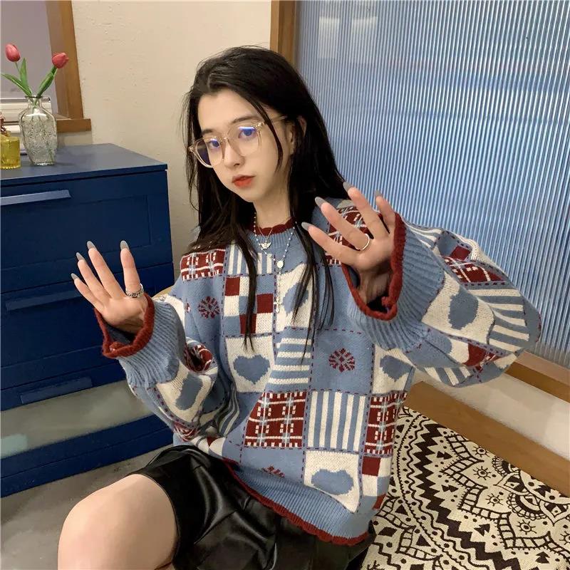 Women's Large Size Sweater Loose Outer Wear Autumn and Winter Long Sleeve Contrast Color Sweater Versatile Tops