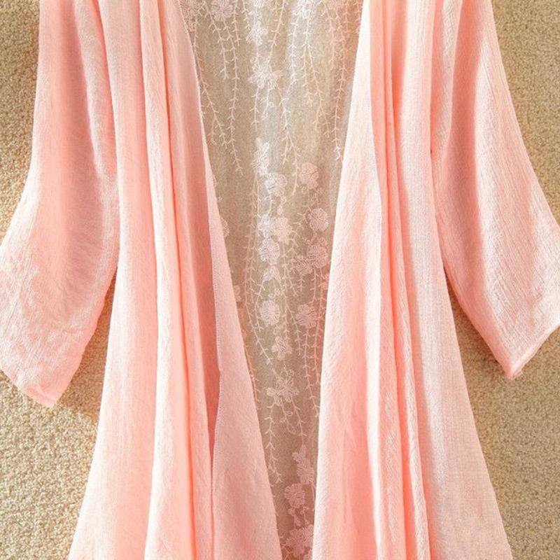 Women's Cotton and Linen Lace Sun Protection Thin Cardigan Beach Mid-length Plus Size Shawl Loose Top