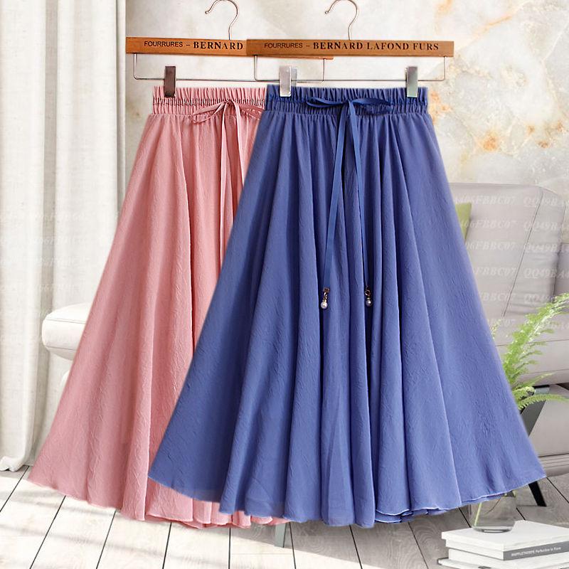 Summer Women High Waist Pleated Chiffon Skirt Plus Size Lady Black Pink Blue Long Maxi Skirt