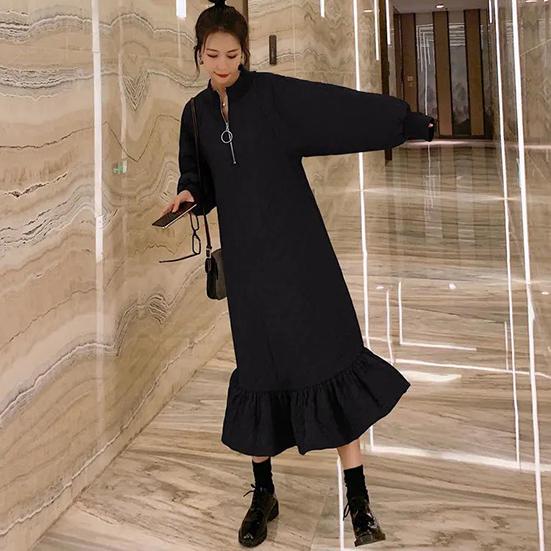 Women's Winter Cotton Dress Solid Color Fishtail Long Warm Dress Large Size Loose Lovely Thickened Dress