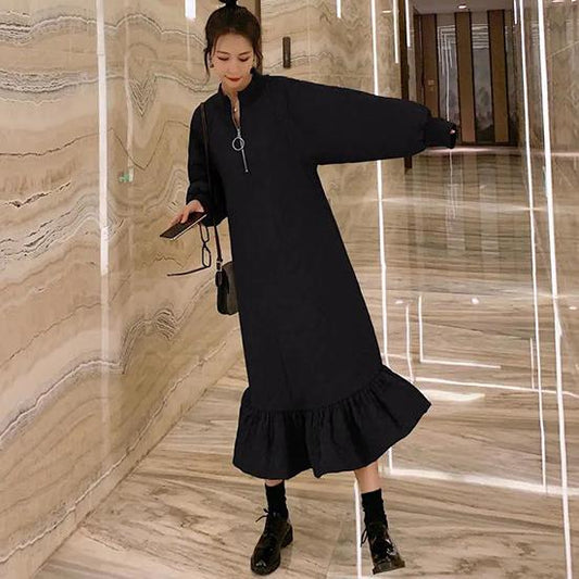Women's Winter Cotton Dress Solid Color Fishtail Long Warm Dress Large Size Loose Lovely Thickened Dress