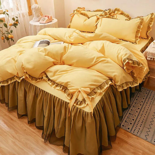 Korean Style Brushed Bed Skirt Four-piece Princess Style Bedspread Quilt Cover Thick Non-slip Lace Bedding
