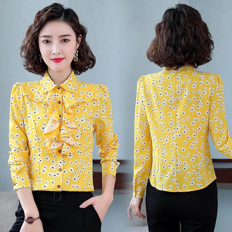 Women's Spring and Autumn Chiffon Shirt Loose Sweet Long Sleeve Printed Top