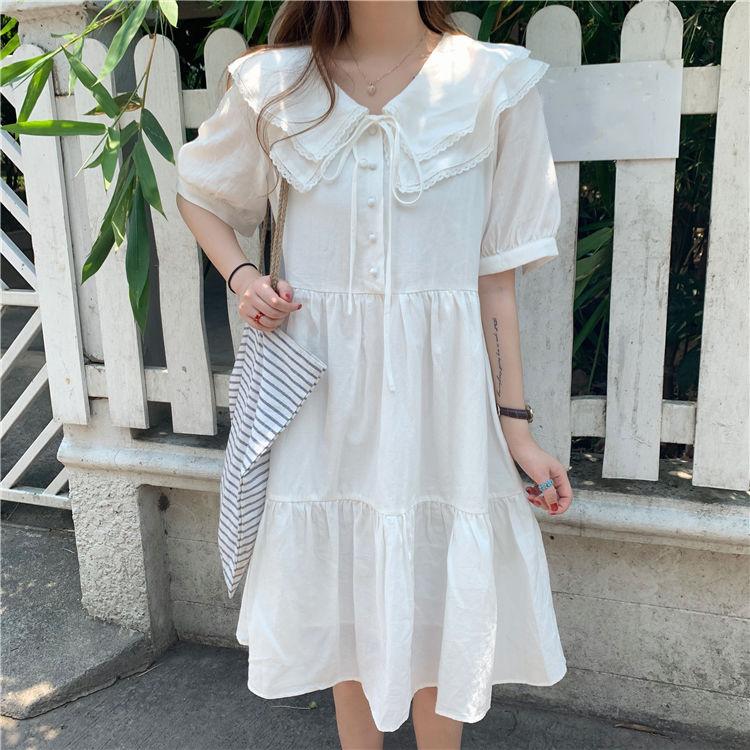 White Cute Sweet Well-behaved Girl Solid Color Bow Ruffle Mid-length A-shaped Skirt Looser  Short Sleeve Dress