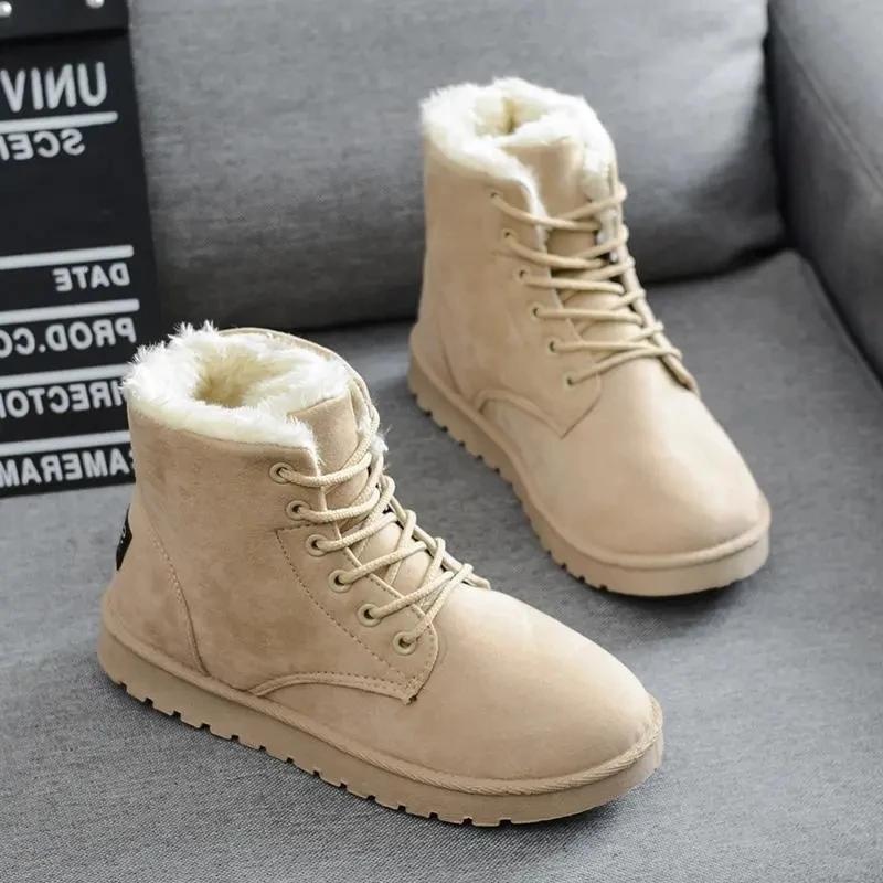 Winter Boots Black Grey Red Shoes for Women Ankle Boots Lace Up Warm Fur Snow Boots Faux Suede Booties Woman Flat Shoes