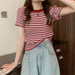 Thin Striped Ice Silk T-Shirt Women Summer Slim Short Knitted High Waist Top Short Sleeve