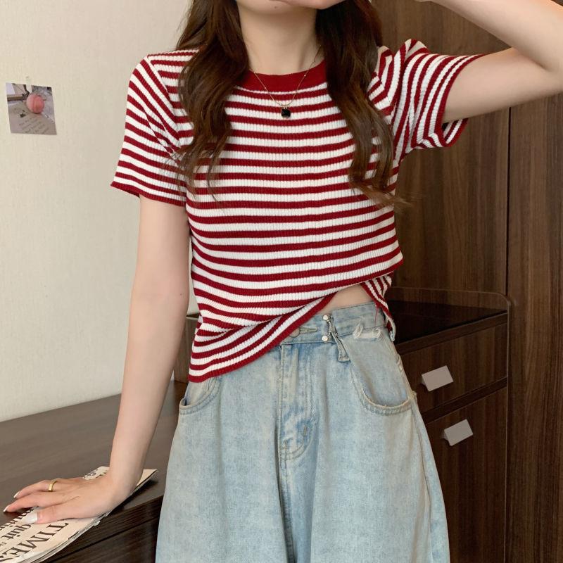 Thin Striped Ice Silk T-Shirt Women Summer Slim Short Knitted High Waist Top Short Sleeve