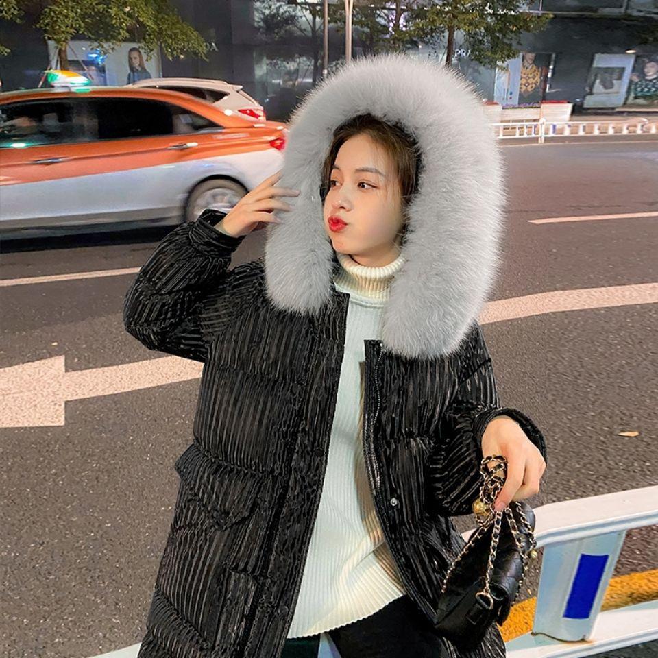 Winter Fashion Trend Loose Thick Big Fur Collar Down Jacket Women Mid-length Over The Knee Wild White Duck Down Hooded Jacket