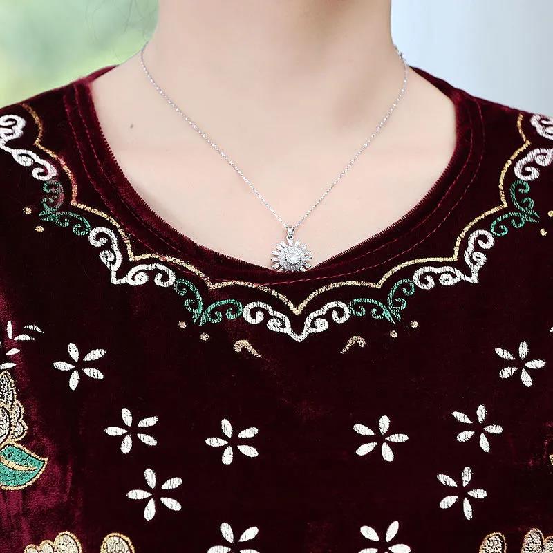 Mother's Clothing Spring and Autumn Long-sleeved Bottoming Shirt Women's Gold Velvet T-shirt Printing Loose Top