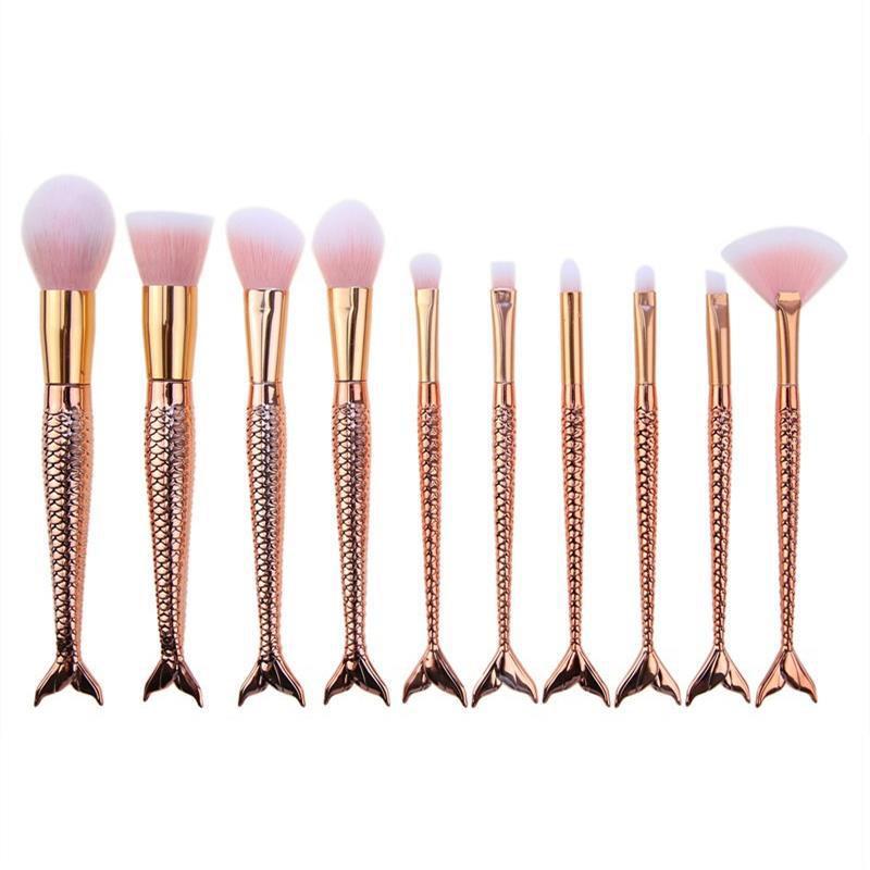 Brush 10pcs Mermaid Tail Power Foundation Makeup Brushes Set Plaid Case Bag Portable Travel