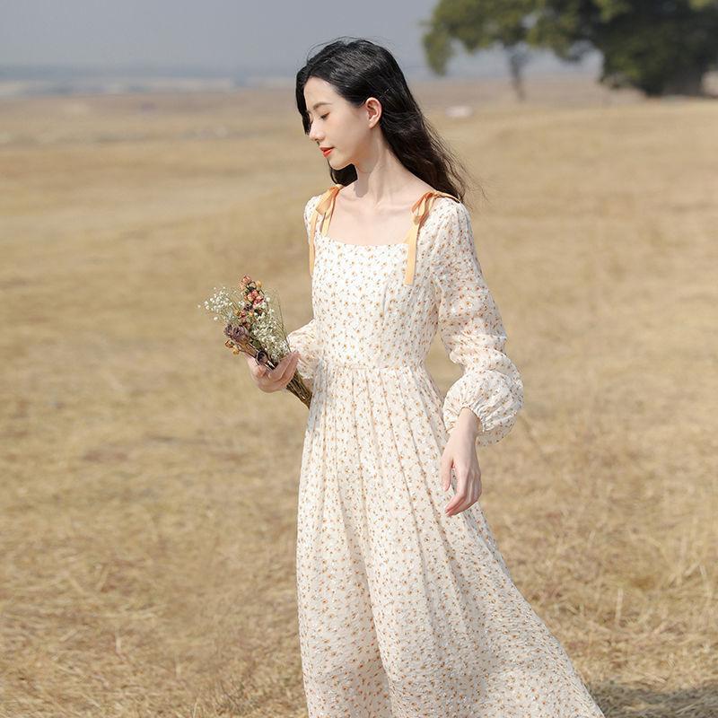 Spring Summer Floral Dress Female Temperament Fresh Chiffon Over The Knee Dress Mid-length