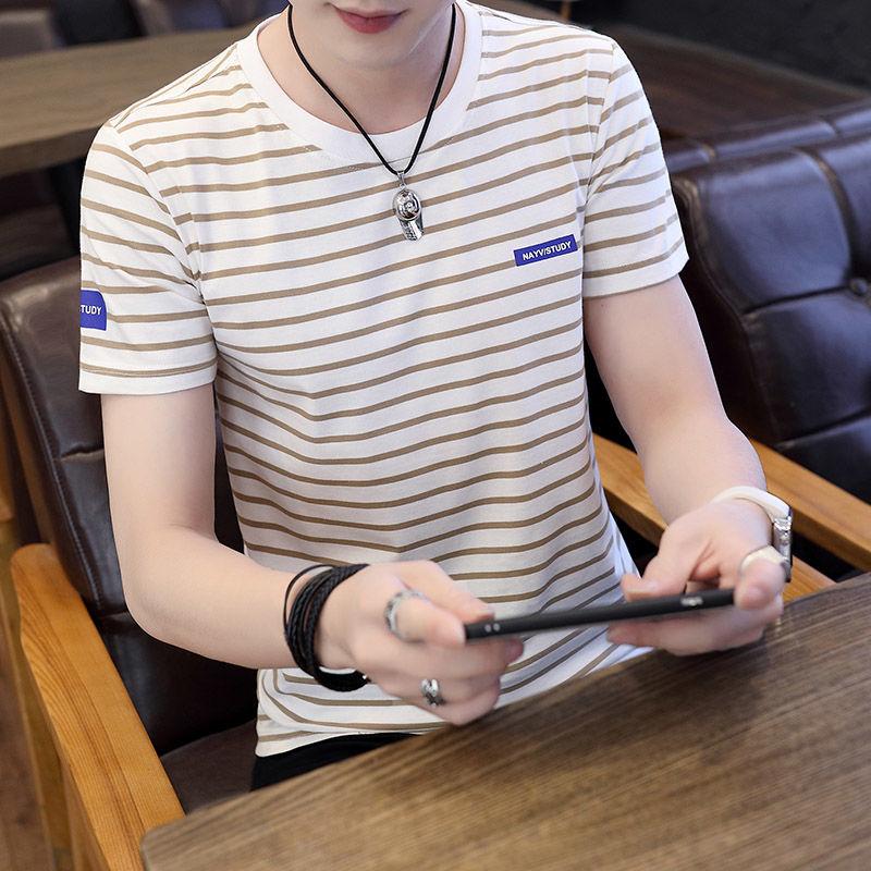 Round Neck Short-sleeved T-shirt Male Striped Short-sleeved Male Youth Casual All-match Top