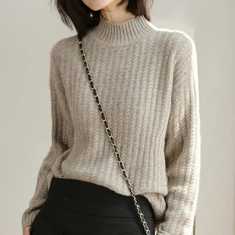 Women's Sweater Half Turtleneck Plus Fleece Thick Knit Sweater Loose Large Size Long Sleeve Sweater
