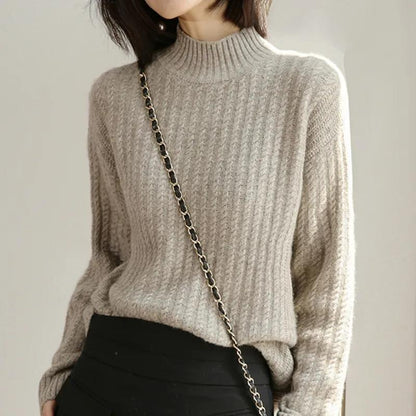 Women's Sweater Half Turtleneck Plus Fleece Thick Knit Sweater Loose Large Size Long Sleeve Sweater
