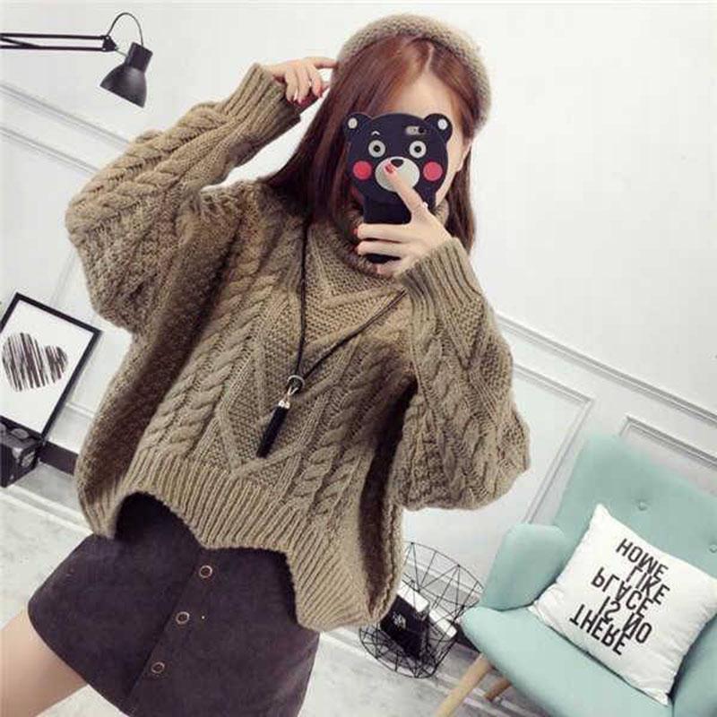 Pofulove Women Turtleneck Thickened Short Pullover Sweater Loose Twist  Knit Sweater Warm Winter jumper tops