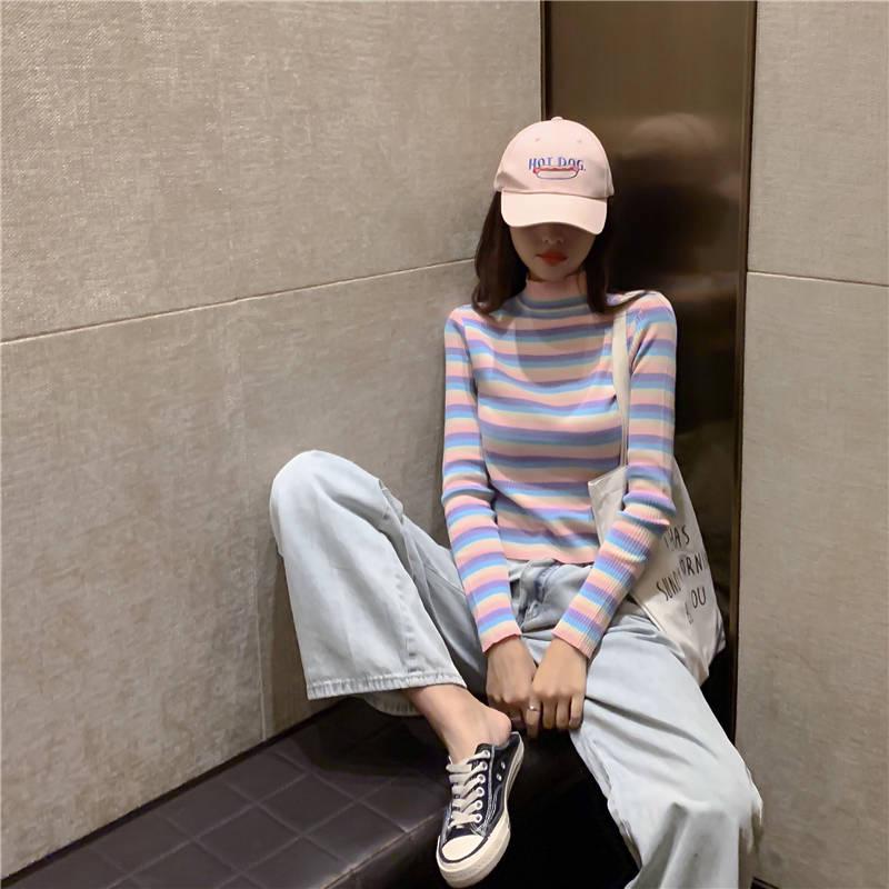 Cute O-neck Colorful Striped Pullover Short Sweater Women Open Navel Slim Waist Knitwear