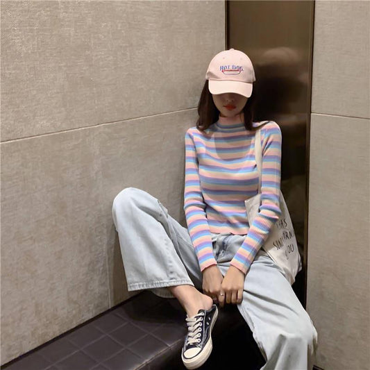 Cute O-neck Colorful Striped Pullover Short Sweater Women Open Navel Slim Waist Knitwear