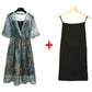 Dress 2pcs Suit  Women's Chiffon Deep V-neck Short Sleeves Above Knee Printing Strapped