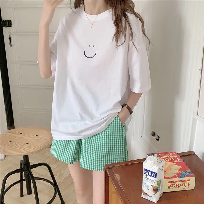 2PCS Ins Summer Smiley Print White T Short Sleeves + Plaid Shorts Pajamas Home Clothes Two-piece Suit Women Go Out Casual Suit Athletic Clothing Sets