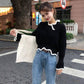 Off Shoulder Knitted Sweater Batwing Sleeve Crochet Wave Cut Hem Loose Pullovers Women