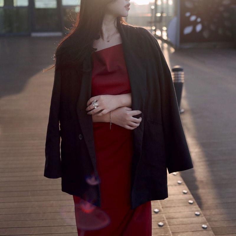 Spring Autumn Bottoming Skirt Retro Acetate Silk Satin Red Suspender Dress Waist Thin Temperament Wild Long Skirt