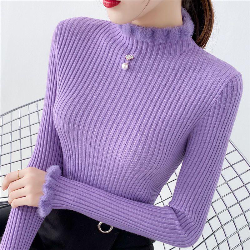 Mink Autumn and Winter Thickening Slim-fit Sweater Bottoming Shirt Half High Neck Young Women's Sweater