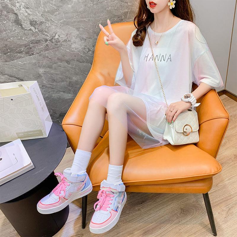 Summer Dress Women Loose O-Neck Short Sleeve Casual Above Knee T-shirt Dress  Round Neck Mesh