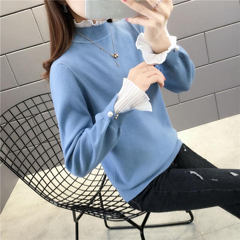 Plus Velvet Thick Warm Sweater Women  Ruffles Lace Stitching Collar Pullover Sweater Short Stretchable Slim Knitwear Jumper