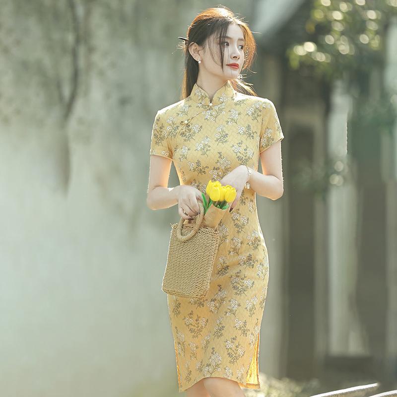 2021 Cheongsam Summer Young Little Man Improved Dress Yellow Daily Girl Retro Temperament
